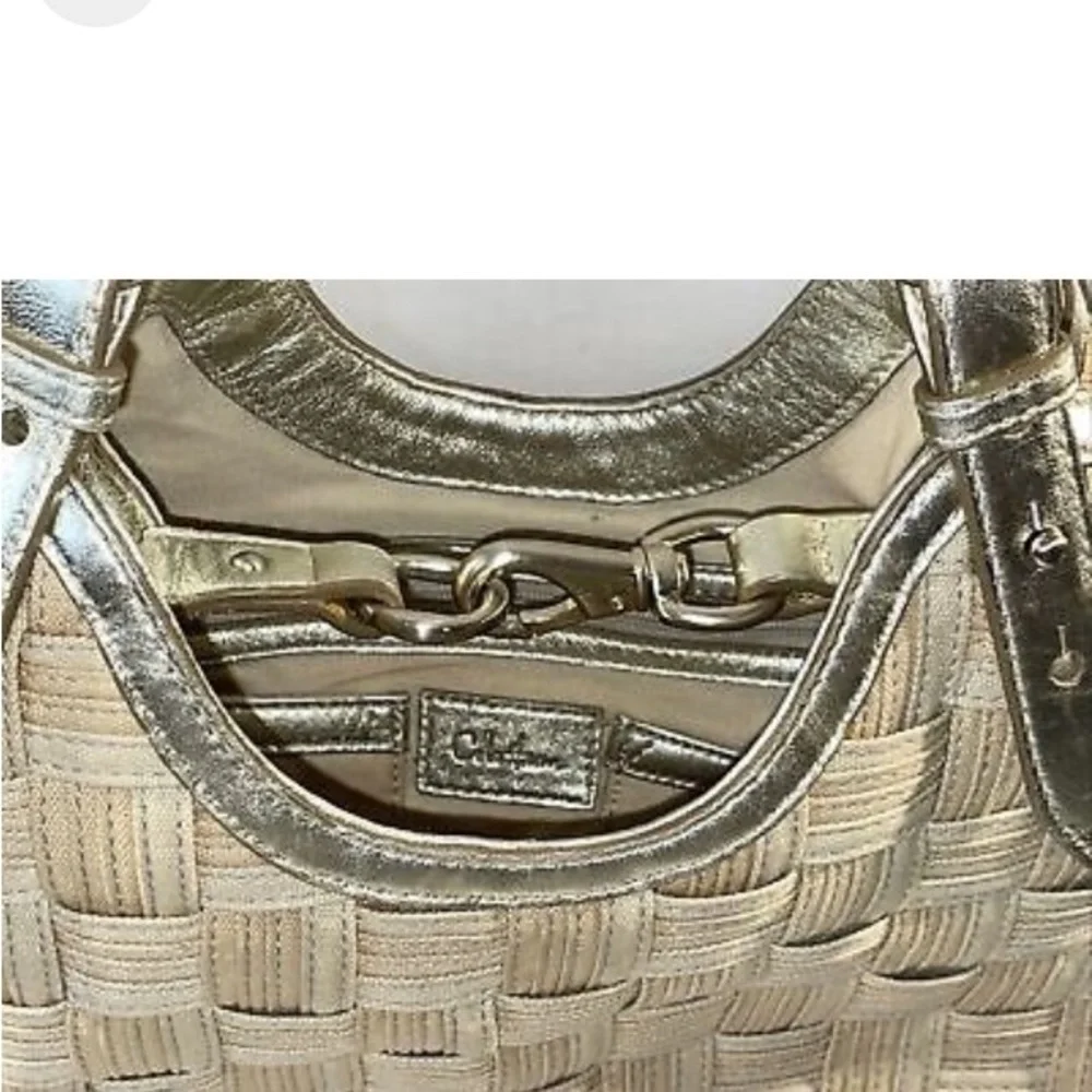 Cole Hahn Genevieve Weave Handles XL Canvas Gold leather triangle Tote Hobo